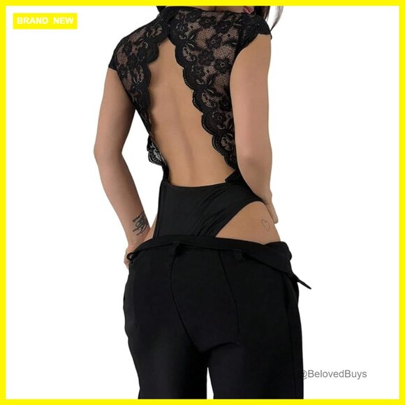 Other - Sexy Floral Lace Trim Bodysuit Backless Deep V Neck Lingerie Jumpsuit Romper